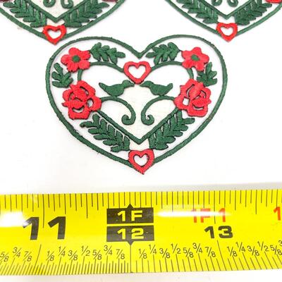 GERMAN EMBROIDERED HEART PATCHES W/ ROSES & BIRDS SET OF 3 #2