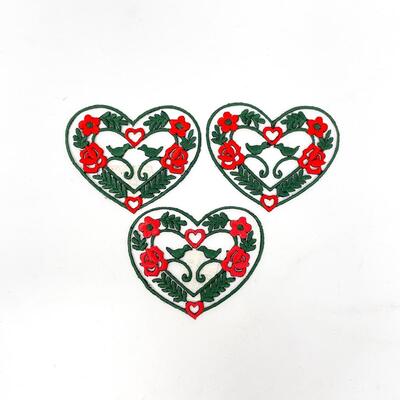 GERMAN EMBROIDERED HEART PATCHES W/ ROSES & BIRDS SET OF 3 #2