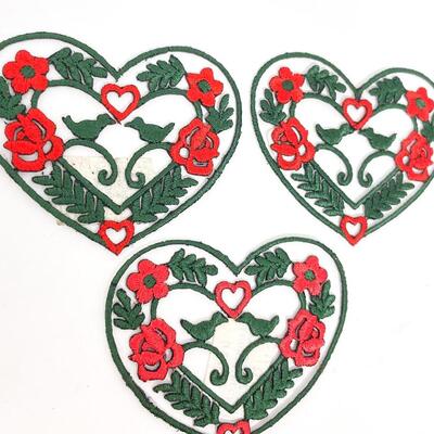 GERMAN EMBROIDERED HEART PATCHES W/ ROSES & BIRDS SET OF 3 #2