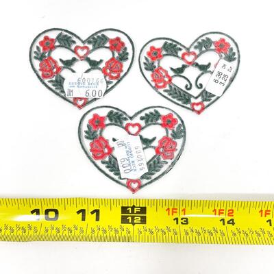 GERMAN EMBROIDERED HEART PATCHES W/ ROSES & BIRDS SET OF 3 #2