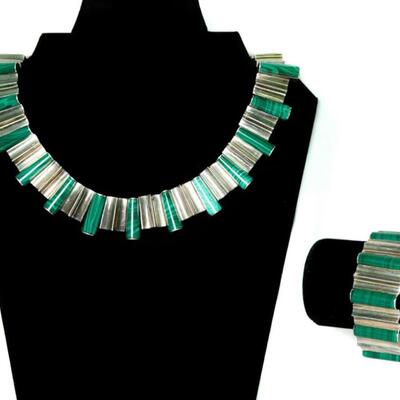 Modernist Taxco 970 Silver Malachite Necklace & Bracelet