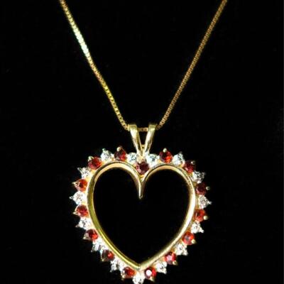 14k/10k YG Diamond & Garnet Heart Pendant Necklace