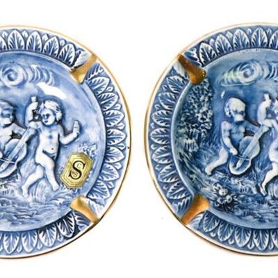 Pair of Blue & Gold Trim Cherub Capodimonte Ashtrays