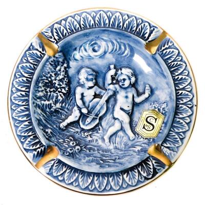Pair of Blue & Gold Trim Cherub Capodimonte Ashtrays