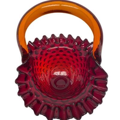 Amberina Glass Handled Ruffled Hobnail Basket