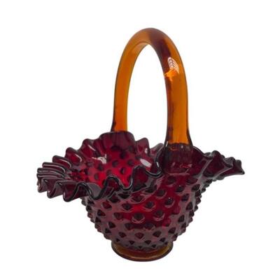 Amberina Glass Handled Ruffled Hobnail Basket