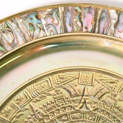 Vintage Alpaca Silver Abalone Mayan Calendar Plate