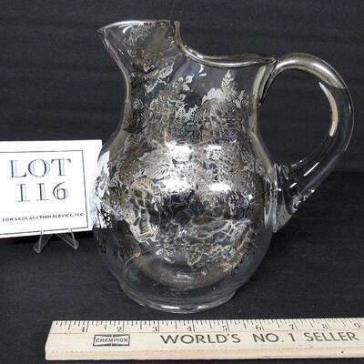 Large Clear With Silver Deposit Floral Pattern Pitcher