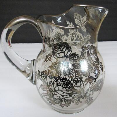 Large Clear With Silver Deposit Floral Pattern Pitcher
