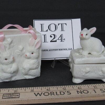 2 Cute Little Bisque Easter Rabbit Items, Trinket Box and Vase?
