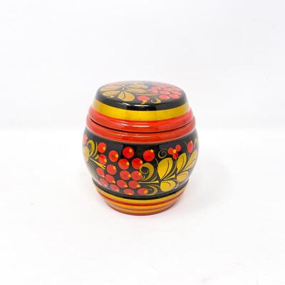 VINTAGE 3.25â€ USSR RUSSIAN KHOKHLOMA LIDDED BARREL CONTAINER - WOODEN