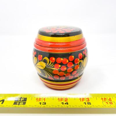 VINTAGE 3.25â€ USSR RUSSIAN KHOKHLOMA LIDDED BARREL CONTAINER - WOODEN