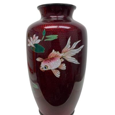 Japanese Ginbari Cloisonne Pigeon Blood Koi Fish Vase
