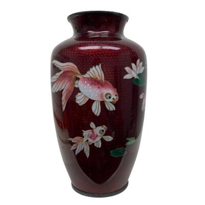 Japanese Ginbari Cloisonne Pigeon Blood Koi Fish Vase