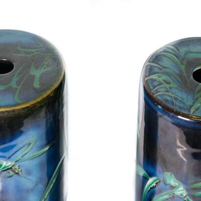 Pair of Ceramic Painted Dragon fly Motif Hat Stands or Lamp Bases