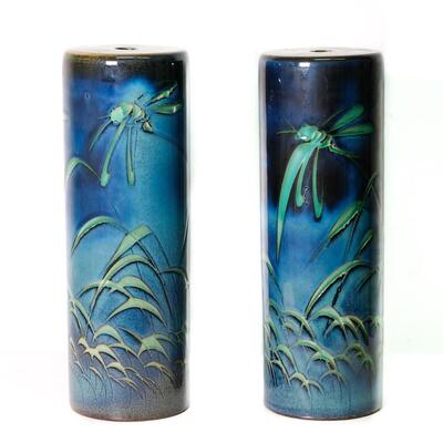 Pair of Ceramic Painted Dragon fly Motif Hat Stands or Lamp Bases