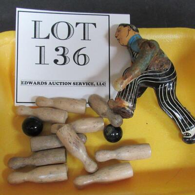 Vintage Tin Bowling Guy, 10 Pins and 2 Marble Balls