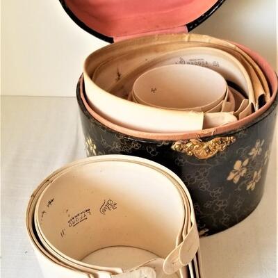 Lot #100  Antique Celluloid Men's Collar Box filled with antique shirt collars