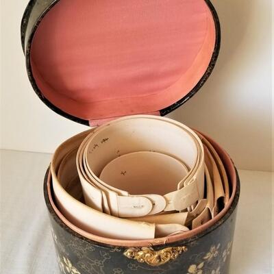Lot #100  Antique Celluloid Men's Collar Box filled with antique shirt collars