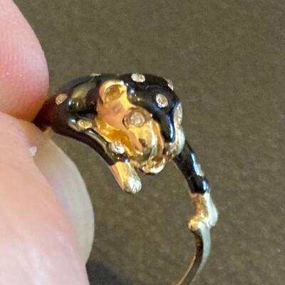 14k Gold Custom Cat Ring with Black Enamel and Diamonds Size 7