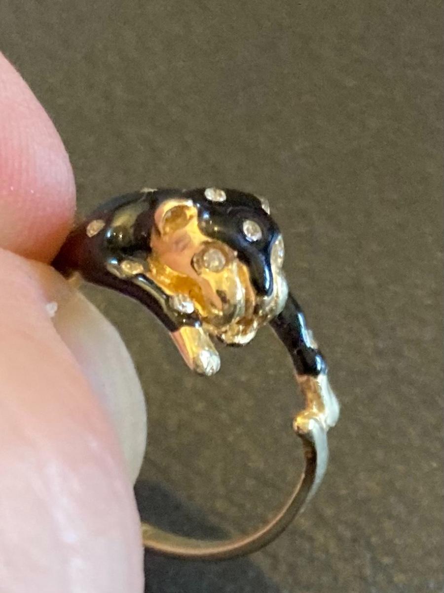 14k Gold Custom Cat Ring with Black Enamel and Diamonds Size 7