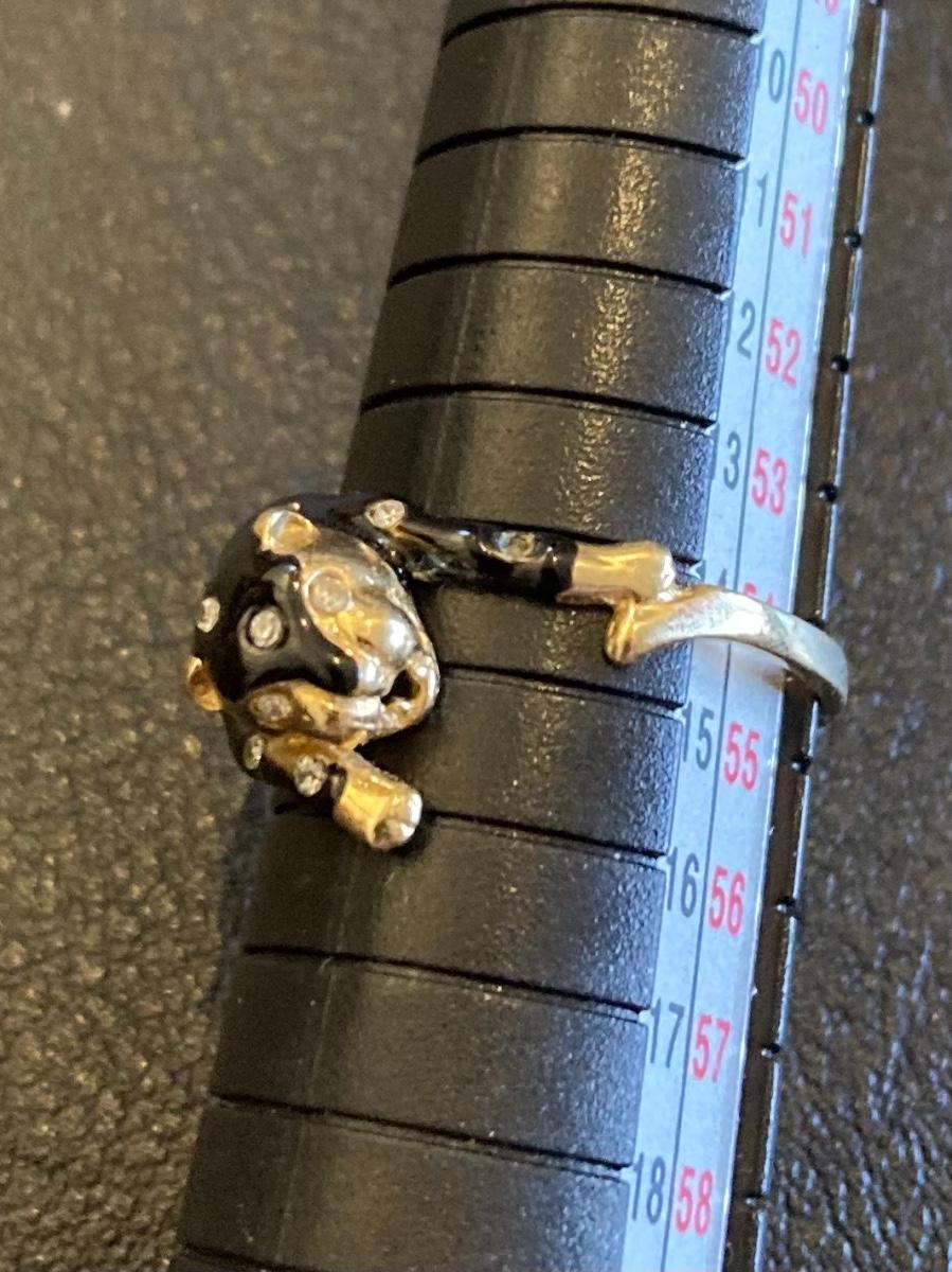 14k Gold Custom Cat Ring with Black Enamel and Diamonds Size 7