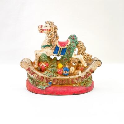 VINTAGE 7â€ CAST IRON â€œMERRY CHRISTMASâ€ ROCKING HORSE DECOR