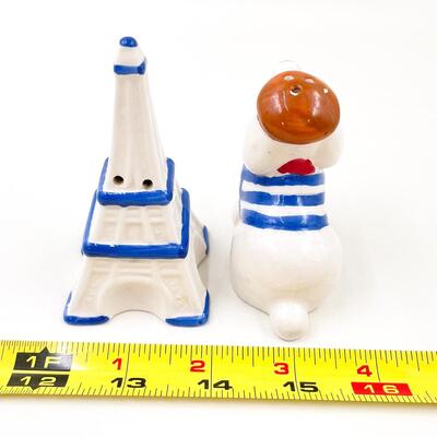 EIFFEL TOWER & PARISIAN PUPPY SALT & PEPPER SHAKERS
