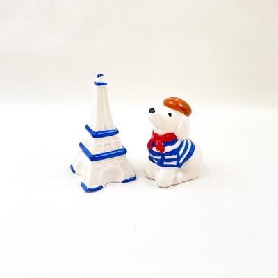 EIFFEL TOWER & PARISIAN PUPPY SALT & PEPPER SHAKERS