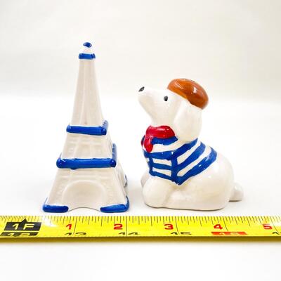 EIFFEL TOWER & PARISIAN PUPPY SALT & PEPPER SHAKERS