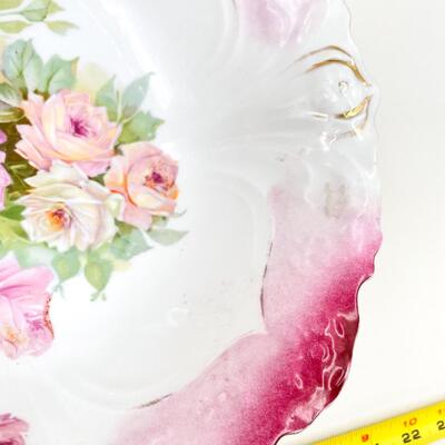 VINTAGE 11â€ PINK FLORAL PORCELAIN BOWL - MARKED â€œP S GERMANYâ€