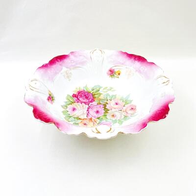VINTAGE 11â€ PINK FLORAL PORCELAIN BOWL - MARKED â€œP S GERMANYâ€