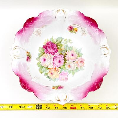 VINTAGE 11â€ PINK FLORAL PORCELAIN BOWL - MARKED â€œP S GERMANYâ€