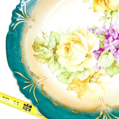 VINTAGE 10â€ GREEN RIMMED FLORAL PORCELAIN BOWL - MARKED â€œLEUCHTENBURG C.A.L. & S.â€