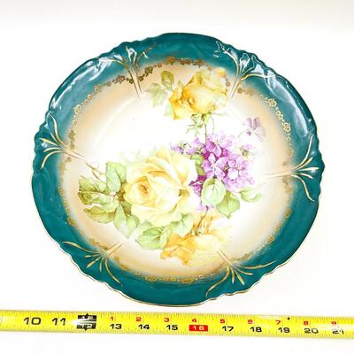 VINTAGE 10â€ GREEN RIMMED FLORAL PORCELAIN BOWL - MARKED â€œLEUCHTENBURG C.A.L. & S.â€
