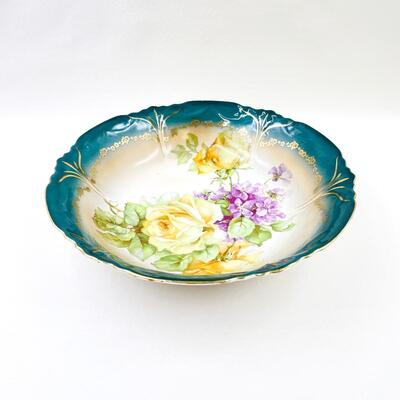 VINTAGE 10â€ GREEN RIMMED FLORAL PORCELAIN BOWL - MARKED â€œLEUCHTENBURG C.A.L. & S.â€