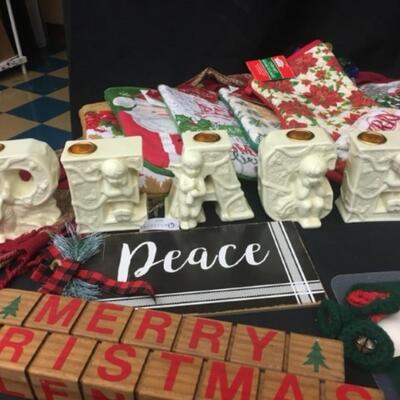 : Box Lot Christmas: P E A C E candle holders, wooden holiday sign, etc;