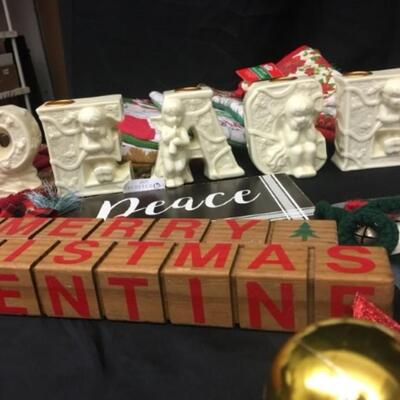: Box Lot Christmas: P E A C E candle holders, wooden holiday sign, etc;