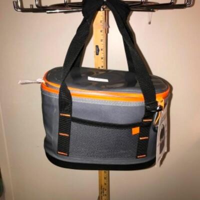 Purses / hangbags: Gray and orange lunch tote;