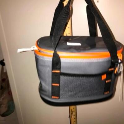 Purses / hangbags: Gray and orange lunch tote;