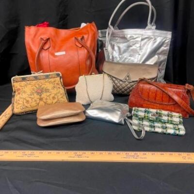 Purses / handbags: Large brown purse, large Silver purse, 7 smaller bags;