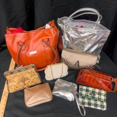 Purses / handbags: Large brown purse, large Silver purse, 7 smaller bags;
