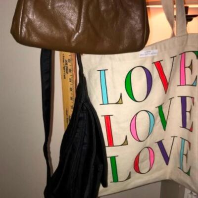 Purses / handbags: Love tote, brown purse, black purse;