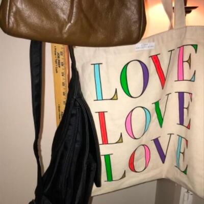 Purses / handbags: Love tote, brown purse, black purse;