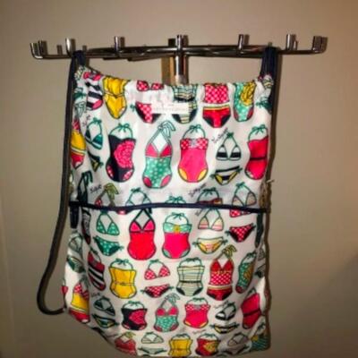 Purses / hangbags: Swimsuit string bag; red & white zipper pouch (Staff Note: CBWLN);