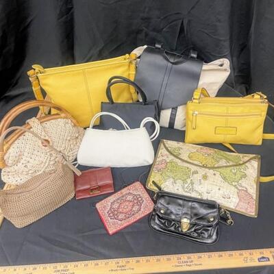 Purses / handbags: Yellow, macrame, LaRegale, et al;