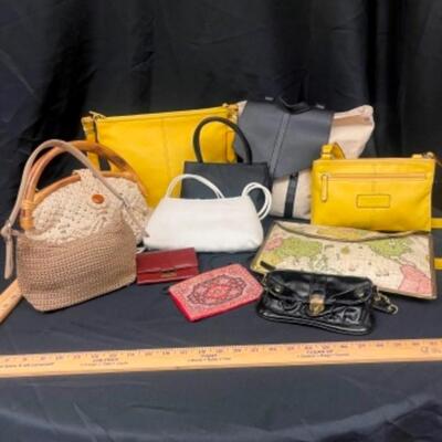 Purses / handbags: Yellow, macrame, LaRegale, et al;