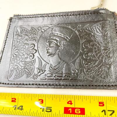 BLACK EMBOSSED LEATHER COIN PURSE W/ EGYPTIAN DESIGNS