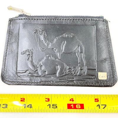 BLACK EMBOSSED LEATHER COIN PURSE W/ EGYPTIAN DESIGNS