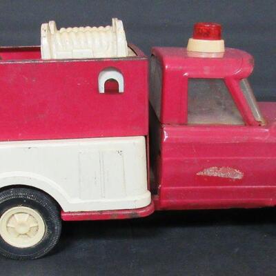 Vintage Metal and Plastic Fire Truck, Wood Car and Tin Kazoo